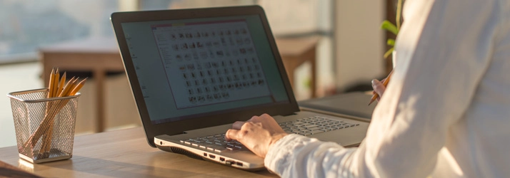 Person working on a laptop at a desk with pencils in a holder.